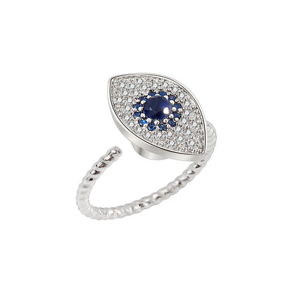 Blue Crystal and Cubic Zirconia Silver-Plated Rotating Eye Open Ring, silver statement rings for women, front view