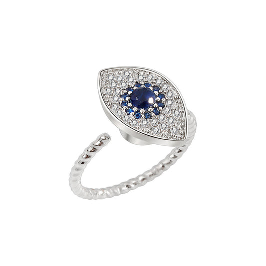 Blue Crystal and Cubic Zirconia Silver-Plated Rotating Eye Open Ring, silver statement rings for women, front view