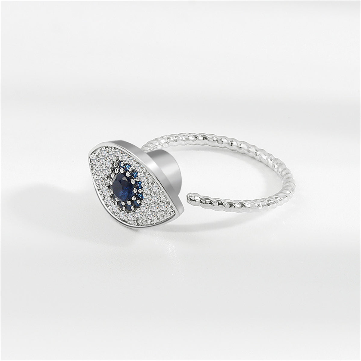 Blue Crystal and Cubic Zirconia Silver-Plated Rotating Eye Open Ring, silver statement rings for women, side view
