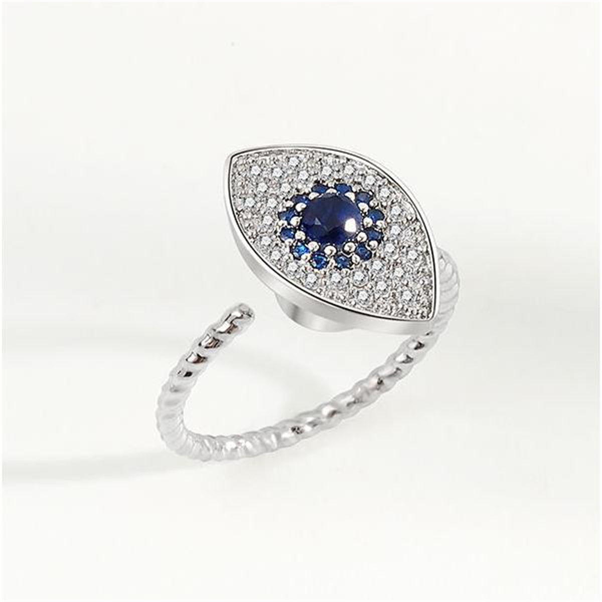 Blue Crystal and Cubic Zirconia Silver-Plated Rotating Eye Open Ring, silver statement rings for women, lifestyle look
