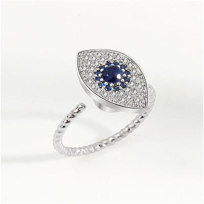 Blue Crystal and Cubic Zirconia Silver-Plated Rotating Eye Open Ring, silver statement rings for women, lifestyle look