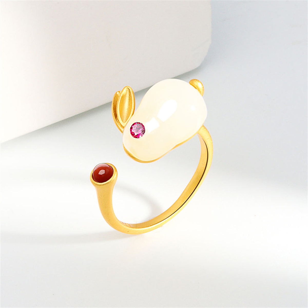 Jade and 18K Gold-Plated Cubic Zirconia-Accent Rabbit Open Ring, gold statement rings for women, everyday style, side view