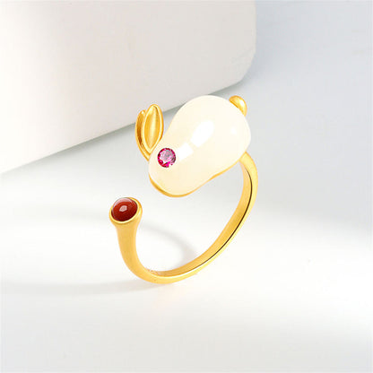 Jade and 18K Gold-Plated Cubic Zirconia-Accent Rabbit Open Ring, gold statement rings for women, everyday style, side view