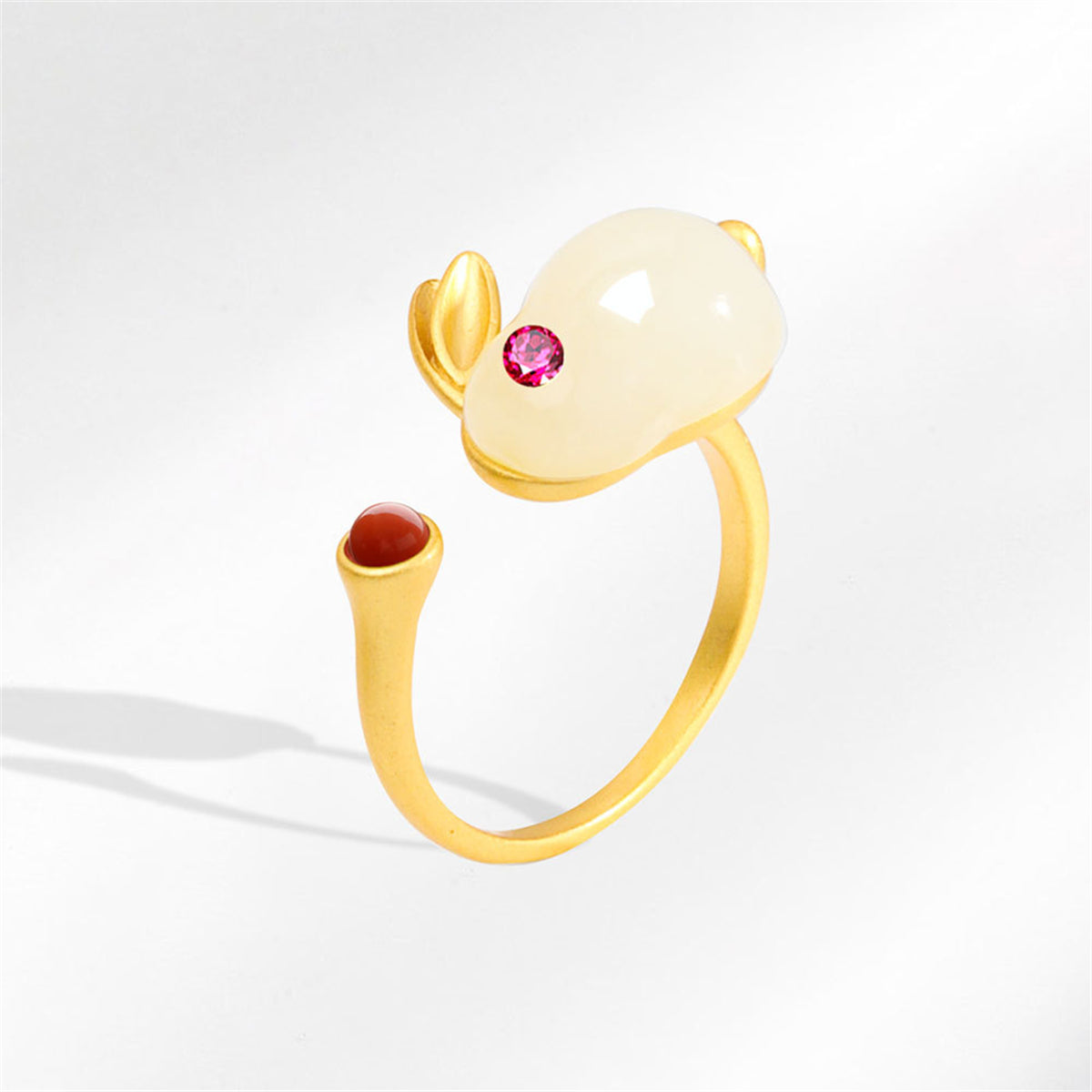 Jade and 18K Gold-Plated Cubic Zirconia-Accent Rabbit Open Ring, gold statement rings for women, detail close-up