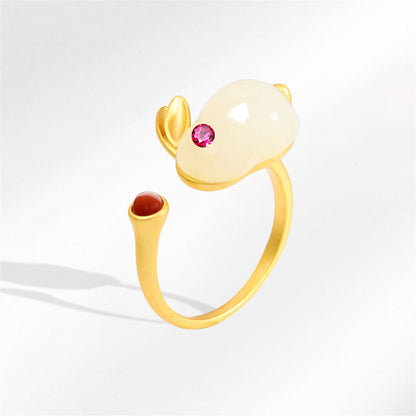 Jade and 18K Gold-Plated Cubic Zirconia-Accent Rabbit Open Ring, gold statement rings for women, detail close-up