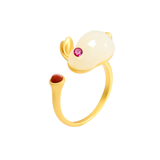 Jade and 18K Gold-Plated Cubic Zirconia-Accent Rabbit Open Ring, gold statement rings for women, everyday style, front view
