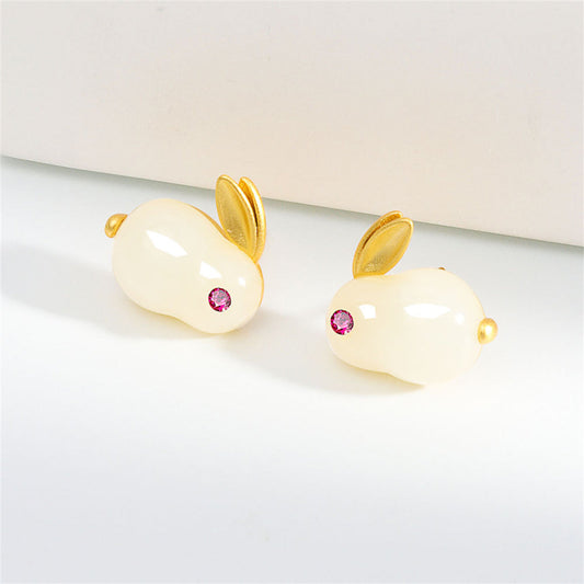 Jade and Red Cubic Zirconia 18K Gold-Plated Rabbit Stud Earrings, gold stud earrings for women, front view