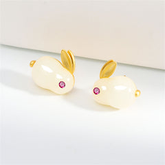 Jade & Red Cubic Zirconia 18K Gold-Plated Rabbit Stud Earrings