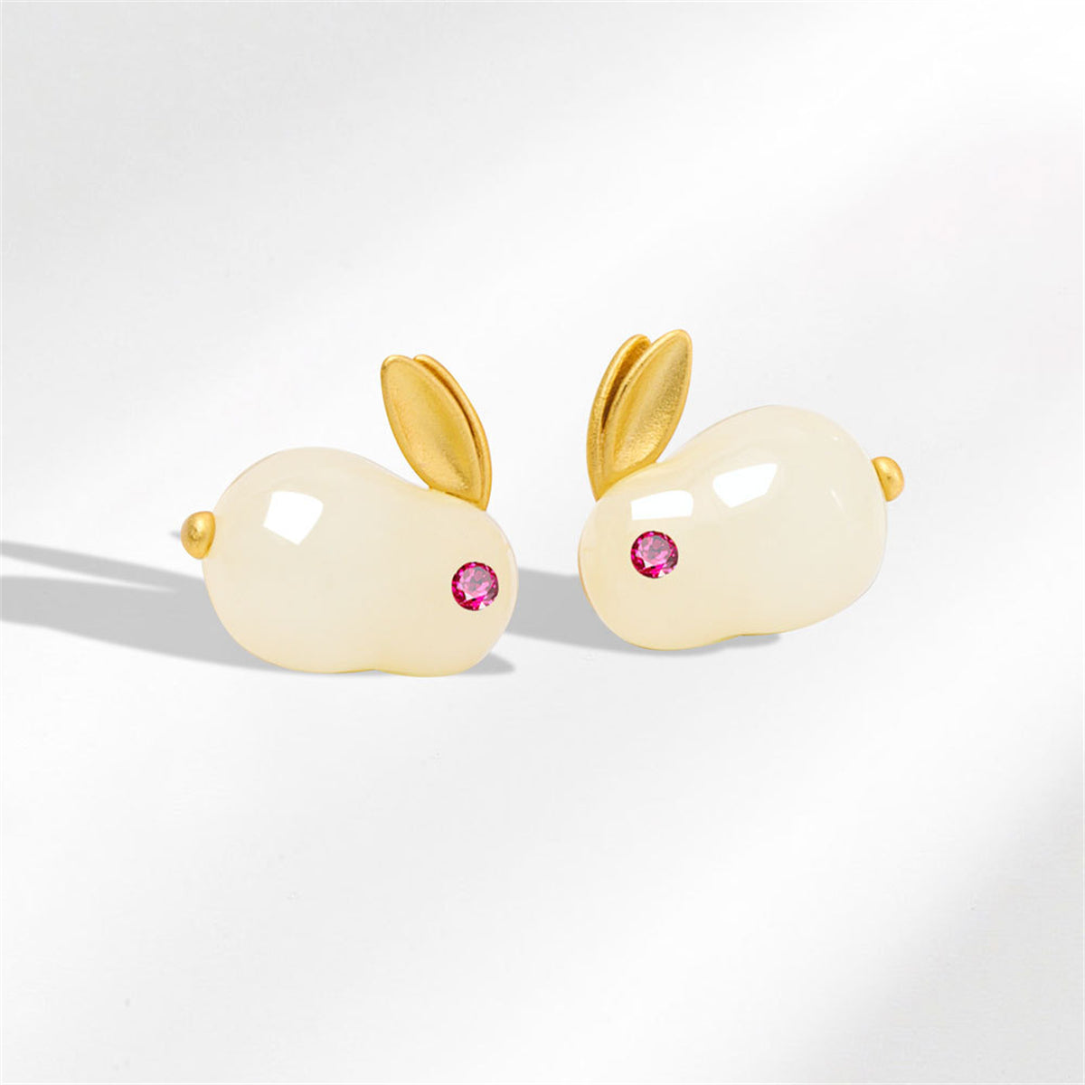 Jade and Red Cubic Zirconia 18K Gold-Plated Rabbit Stud Earrings, gold stud earrings for women, detail close-up