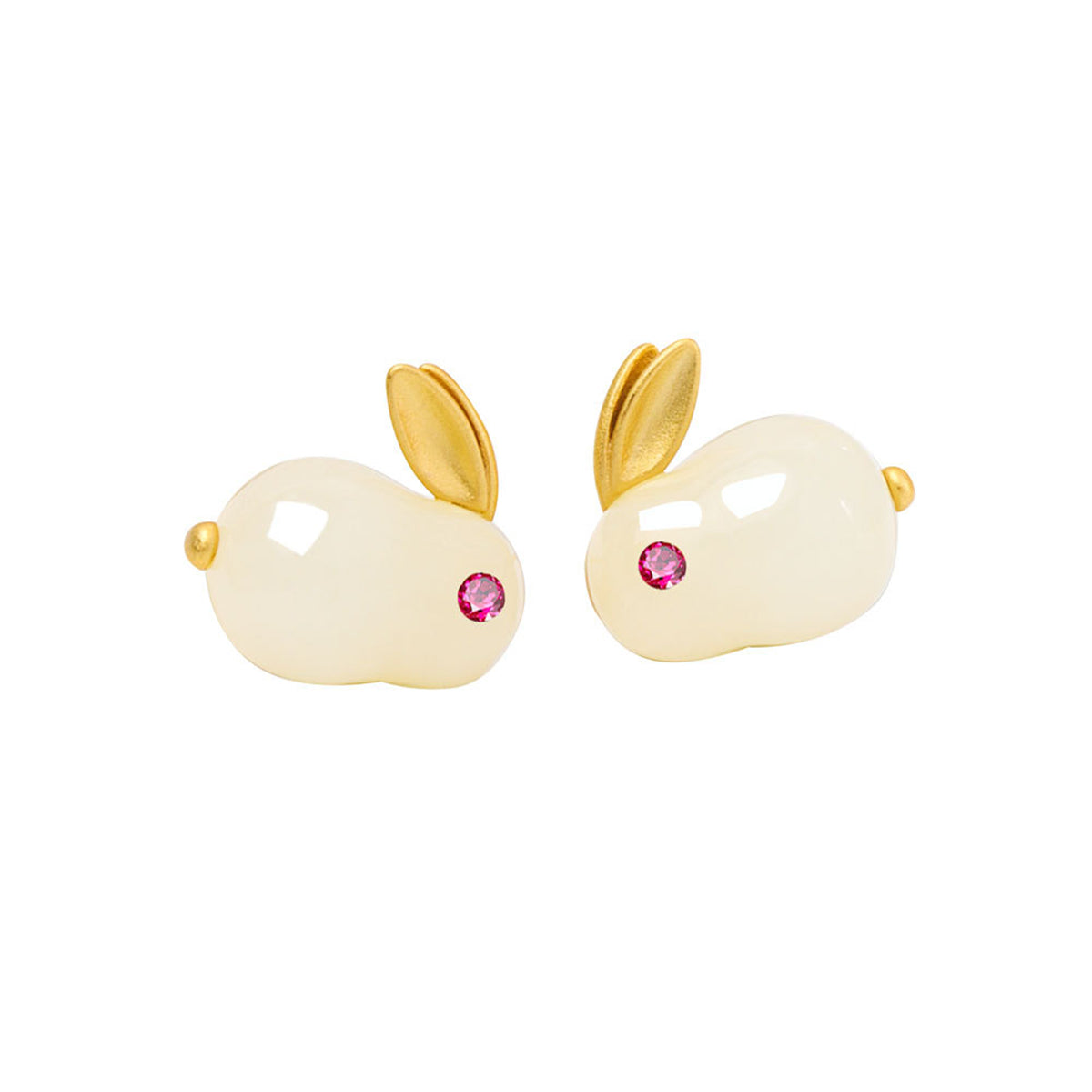 Jade and Red Cubic Zirconia 18K Gold-Plated Rabbit Stud Earrings, gold stud earrings for women, side view