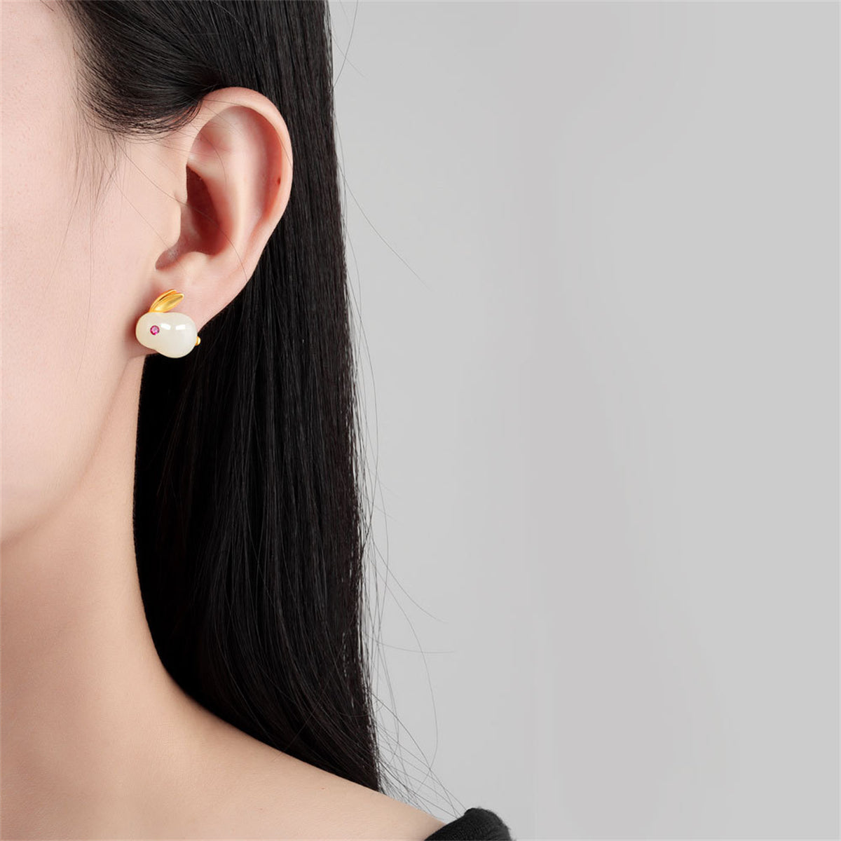 Jade and Red Cubic Zirconia 18K Gold-Plated Rabbit Stud Earrings, gold stud earrings for women, lifestyle look
