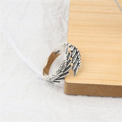 Black Enamel and Silver-Plated Feather Bypass Ring, silver statement rings for women, dainty minimalist design, styled look