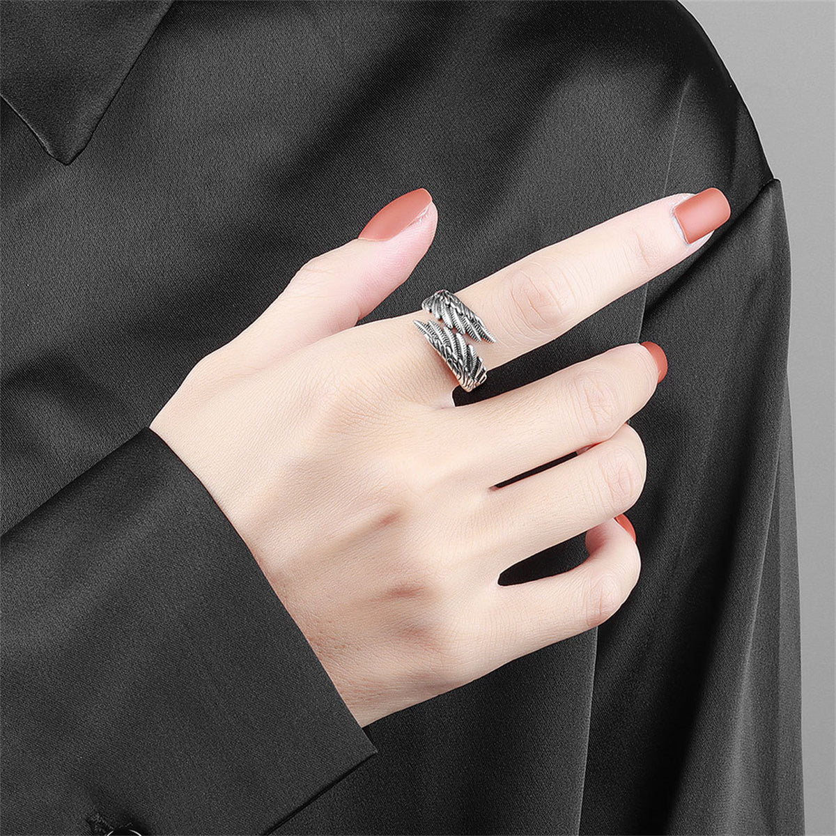 Black Enamel and Silver-Plated Feather Bypass Ring, silver statement rings for women, dainty minimalist design, front view