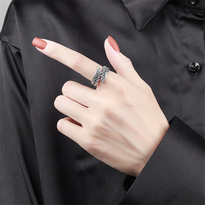 Black Enamel and Silver-Plated Feather Bypass Ring, silver statement rings for women, dainty minimalist design, side view