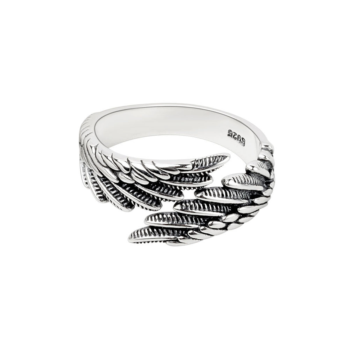 Black Enamel and Silver-Plated Feather Bypass Ring, silver statement rings for women, detail close-up