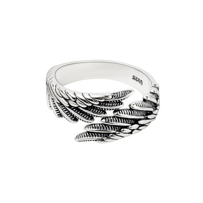 Black Enamel and Silver-Plated Feather Bypass Ring, silver statement rings for women, detail close-up