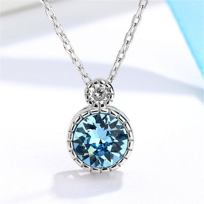 Blue Crystal and Silver-Plated Round Pendant Necklace, silver pendant necklace for women, detail close-up