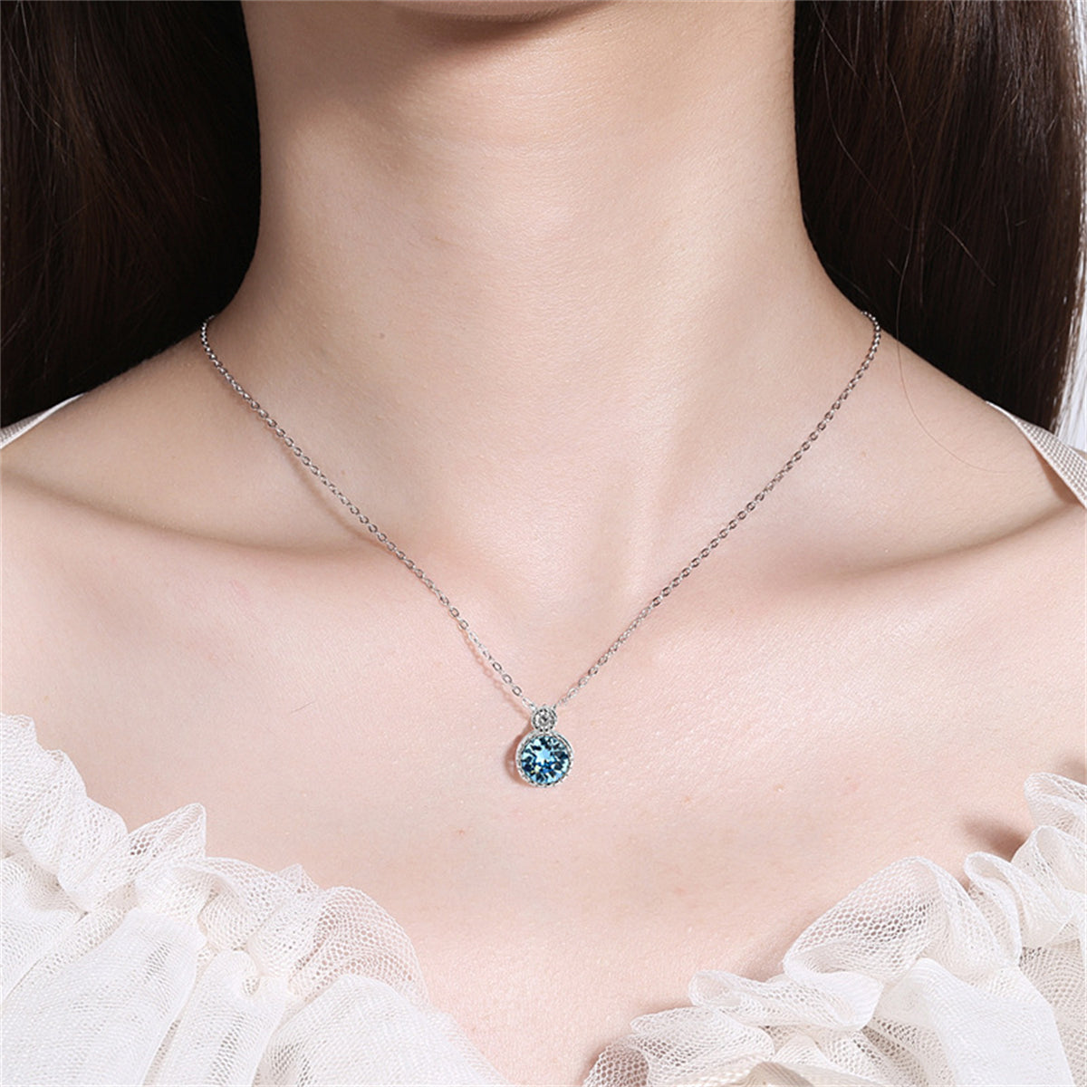 Blue Crystal and Silver-Plated Round Pendant Necklace, silver pendant necklace for women, elegant gift for her, styled look