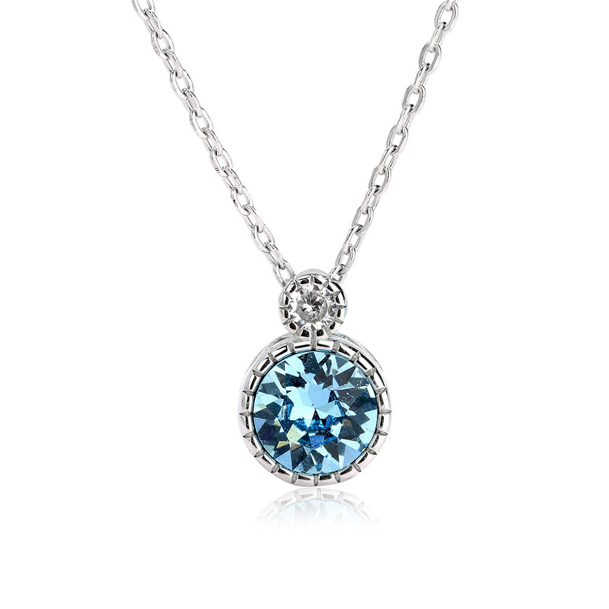 Blue Crystal and Silver-Plated Round Pendant Necklace, silver pendant necklace for women, elegant gift for her, side view