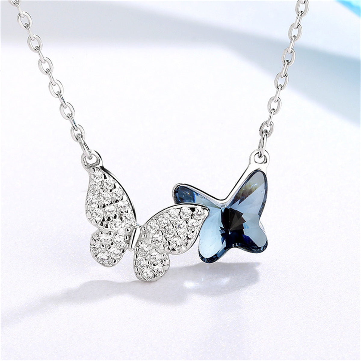Crystal and Silver-Plated Double Butterfly Pendant Necklace, silver pendant necklace for women, everyday style, front view
