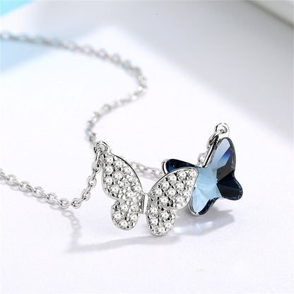 Crystal and Silver-Plated Double Butterfly Pendant Necklace, silver pendant necklace for women, detail close-up