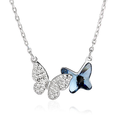 Crystal and Silver-Plated Double Butterfly Pendant Necklace, silver pendant necklace for women, everyday style, side view