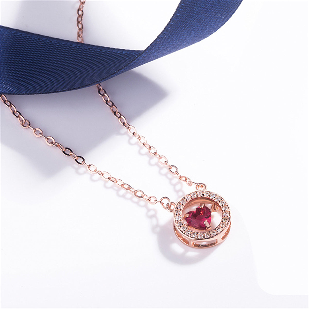 Red Crystal and Cubic Zirconia Halo Heart Pendant Necklace, pendant necklace for women, elegant gift for her, side view