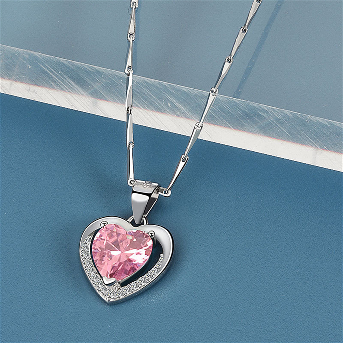 Pink Crystal and Silver-Plated Heart Pendant Necklace, silver pendant necklace for women, elegant gift for her, front view