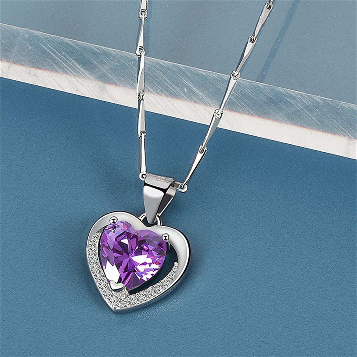 Purple Crystal and Silver-Plated Heart Pendant Necklace, silver pendant necklace for women, botanical inspired, front view