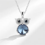 Blue Crystal & Silvertone Owl Pendant Necklace