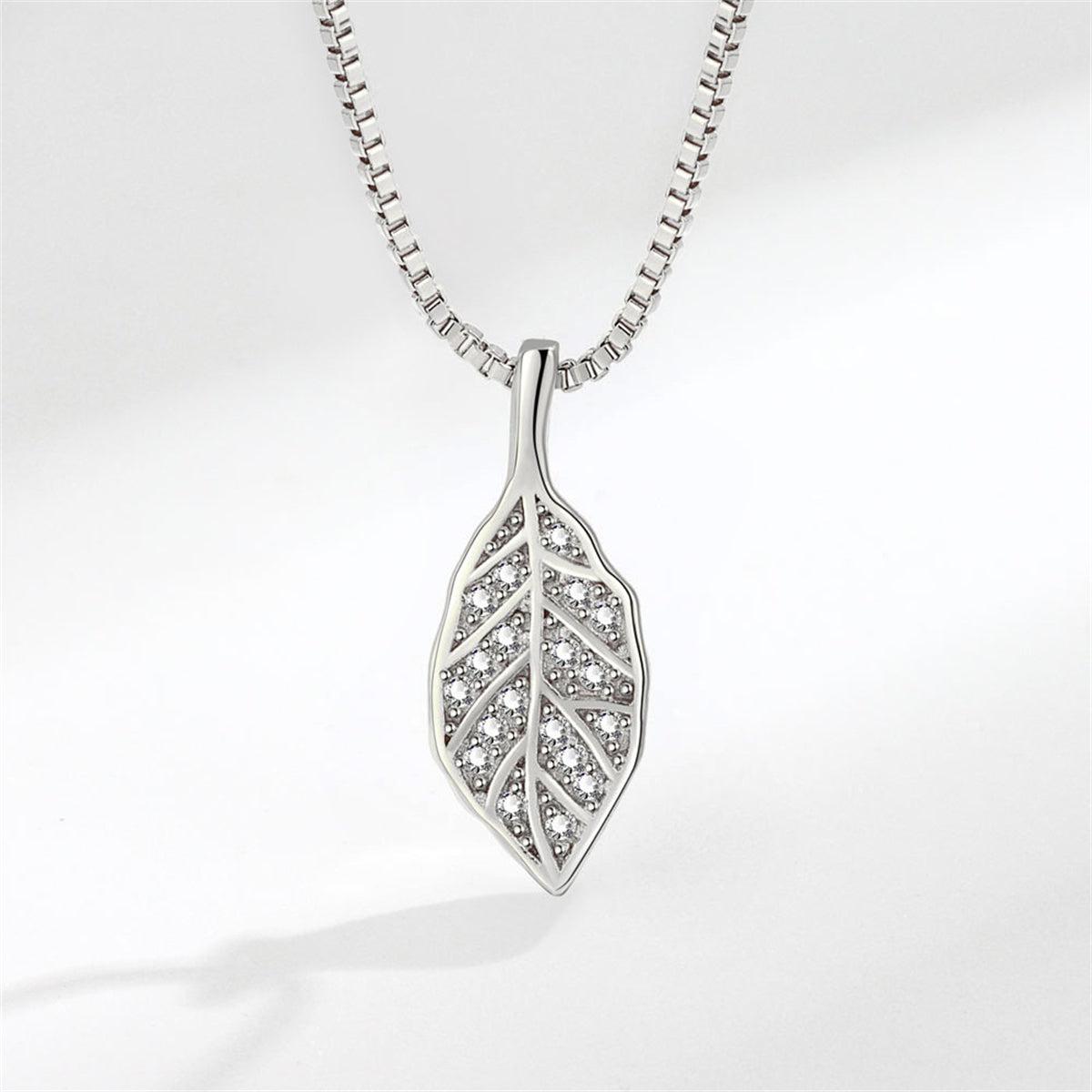 Cubic Zirconia and Silver-Plated Leaf Pendant Necklace, silver pendant necklace for women, elegant gift for her, front view