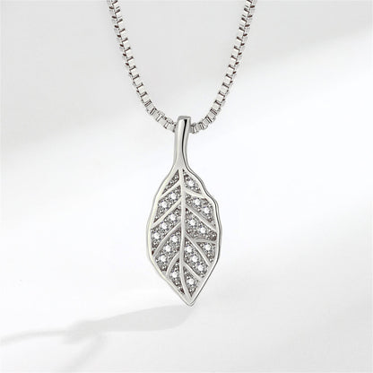 Cubic Zirconia and Silver-Plated Leaf Pendant Necklace, silver pendant necklace for women, elegant gift for her, front view
