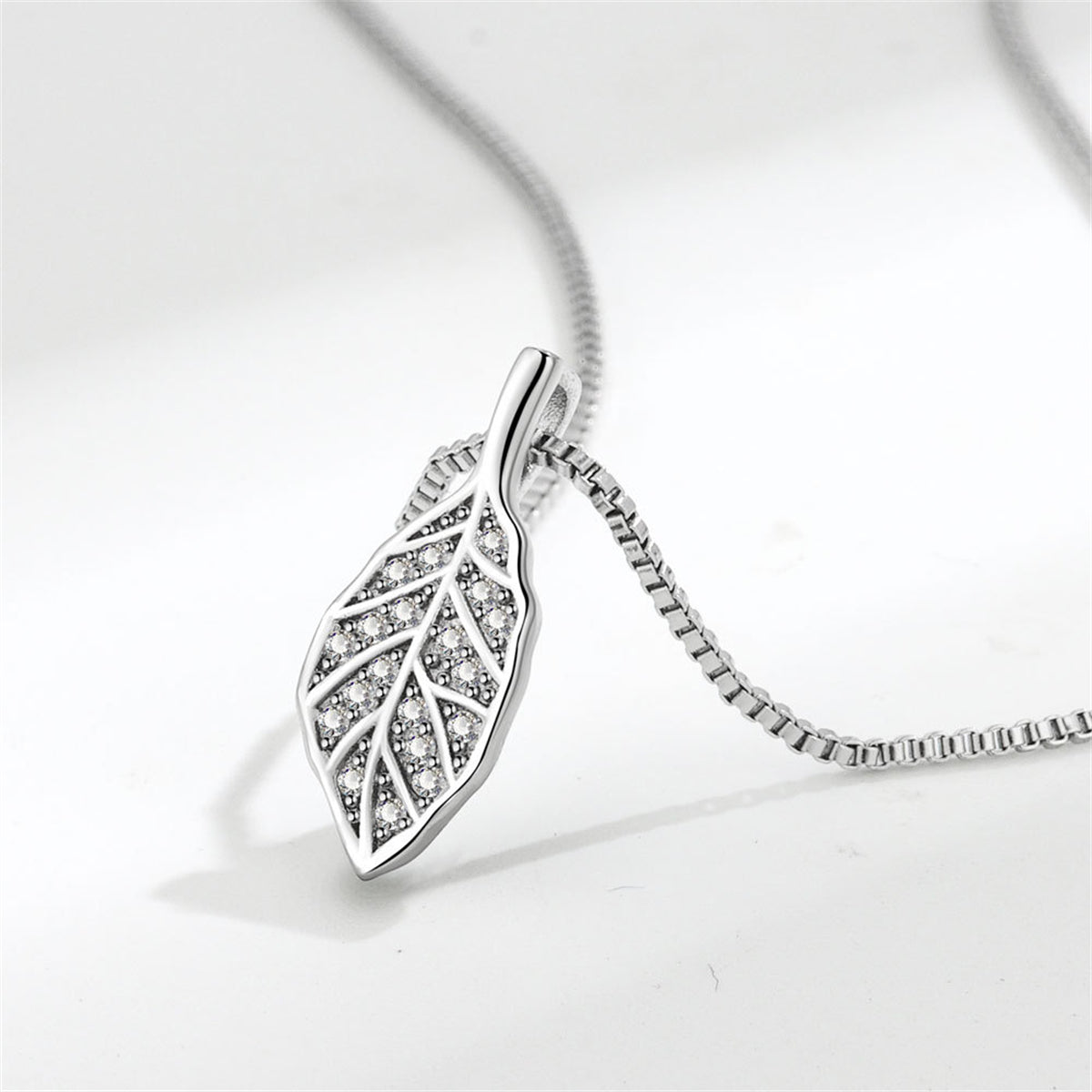 Cubic Zirconia and Silver-Plated Leaf Pendant Necklace, silver pendant necklace for women, elegant gift for her, side view