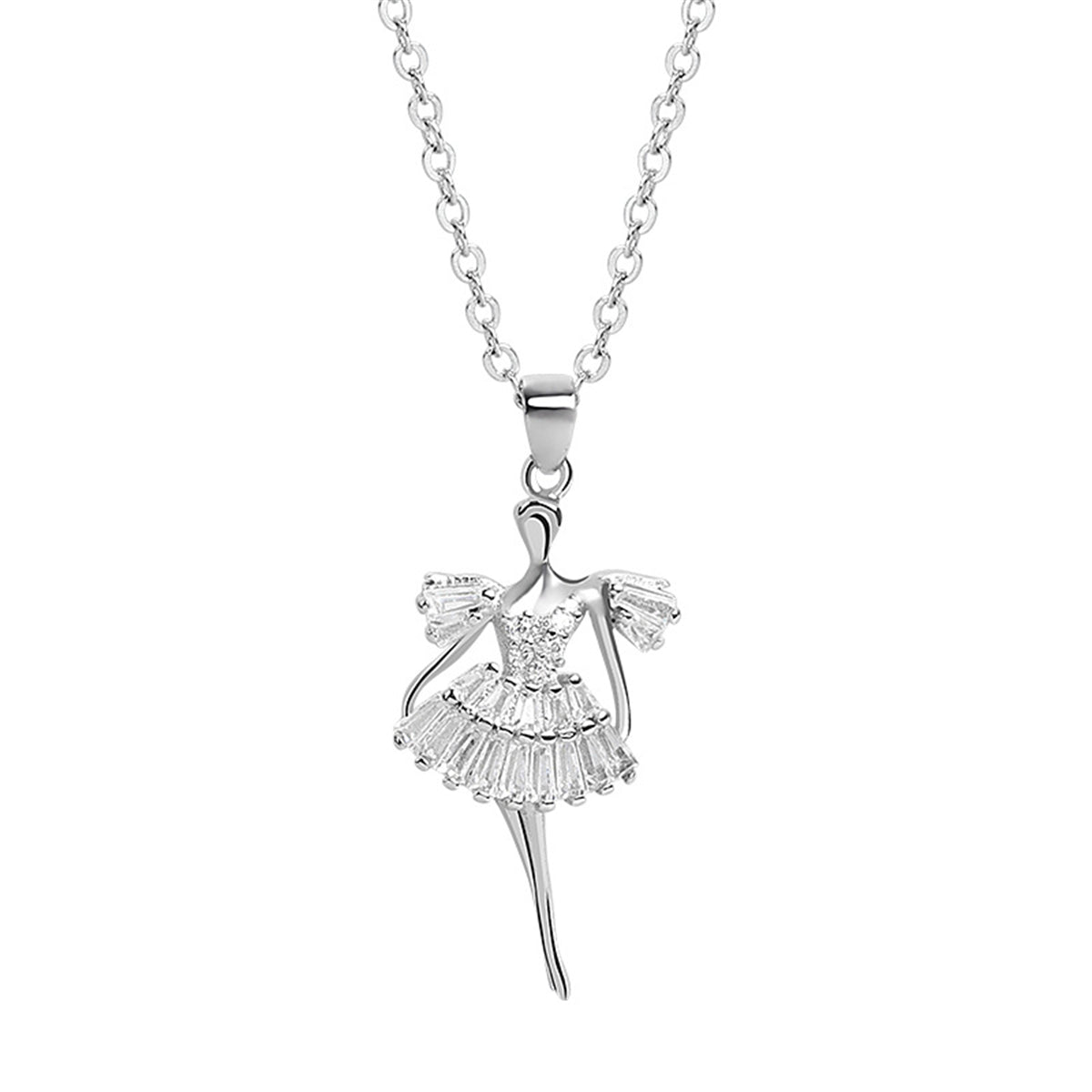 Crystal and Silver-Plated Cubic Zirconia-Accent Ballet Girl Pendant Necklace, silver pendant necklace for women, front view