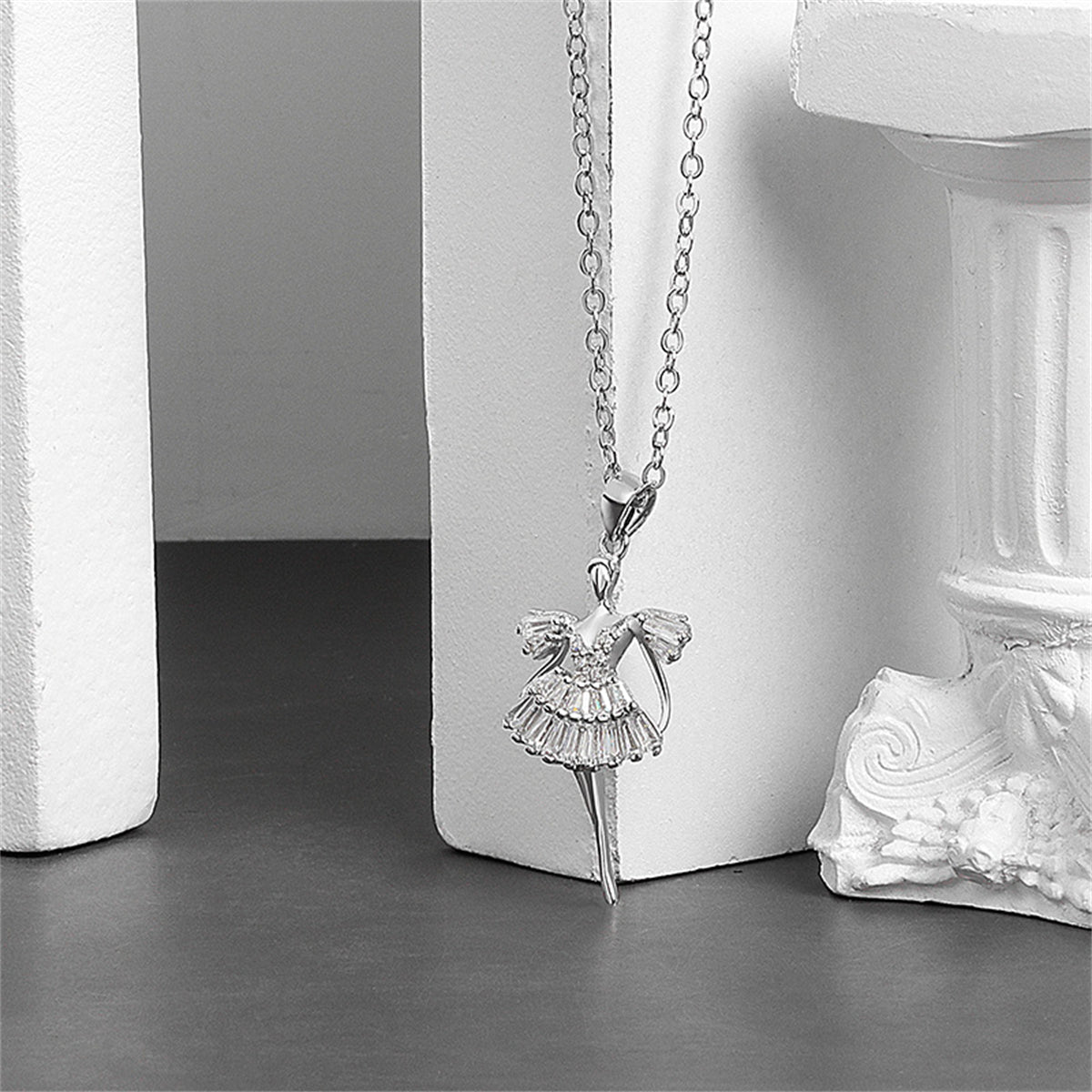 Crystal and Silver-Plated Cubic Zirconia-Accent Ballet Girl Pendant Necklace, silver pendant necklace..., detail close-up