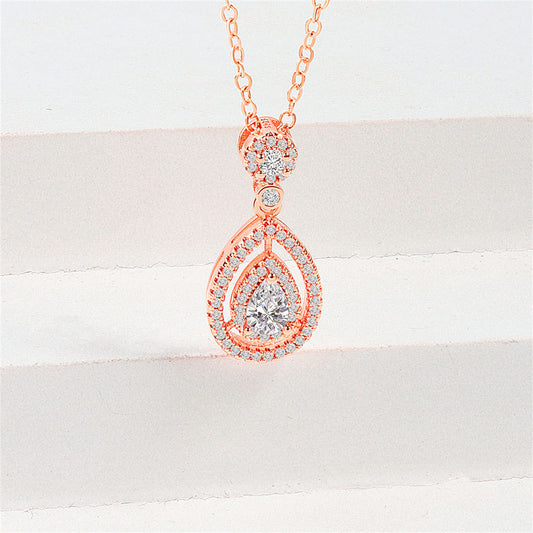 Pear Crystal and Cubic Zirconia Halo Drop Pendant Necklace, pendant necklace for women, vintage-inspired design, front view