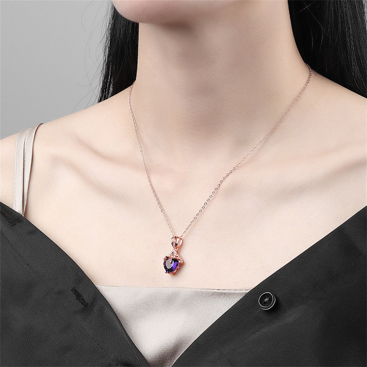 Purple Crystal & Cubic Zirconia Heart Pendant Necklace