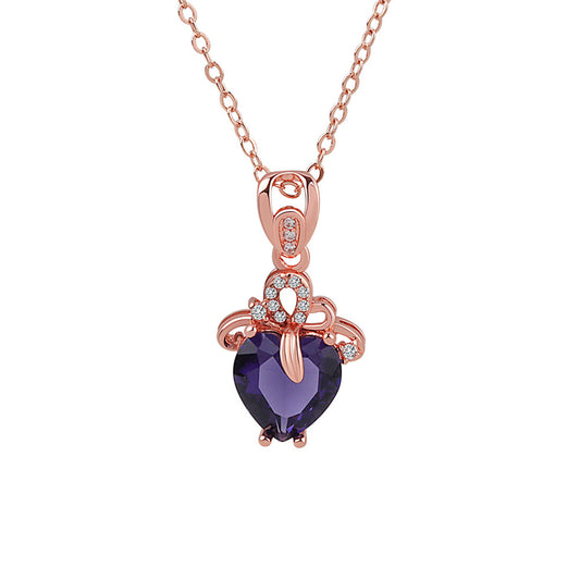 Purple Crystal and Cubic Zirconia Heart Pendant Necklace, pendant necklace for women, elegant gift for her, front view