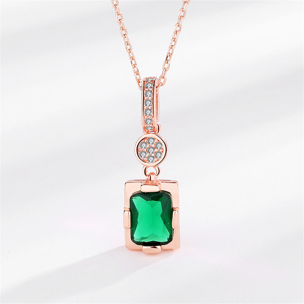 Cubic Zirconia and Green Crystal 18K Rose Gold-Plated Rectangle Pendant Necklace, rose gold pendant necklace..., side view