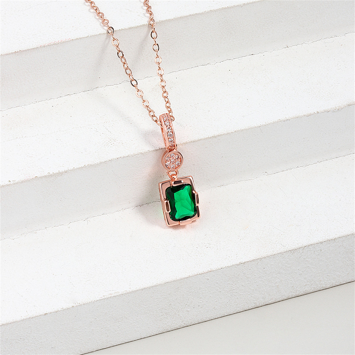Cubic Zirconia and Green Crystal 18K Rose Gold-Plated Rectangle Pendant Necklace, rose gold pendant..., detail close-up