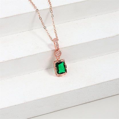 Cubic Zirconia and Green Crystal 18K Rose Gold-Plated Rectangle Pendant Necklace, rose gold pendant..., detail close-up