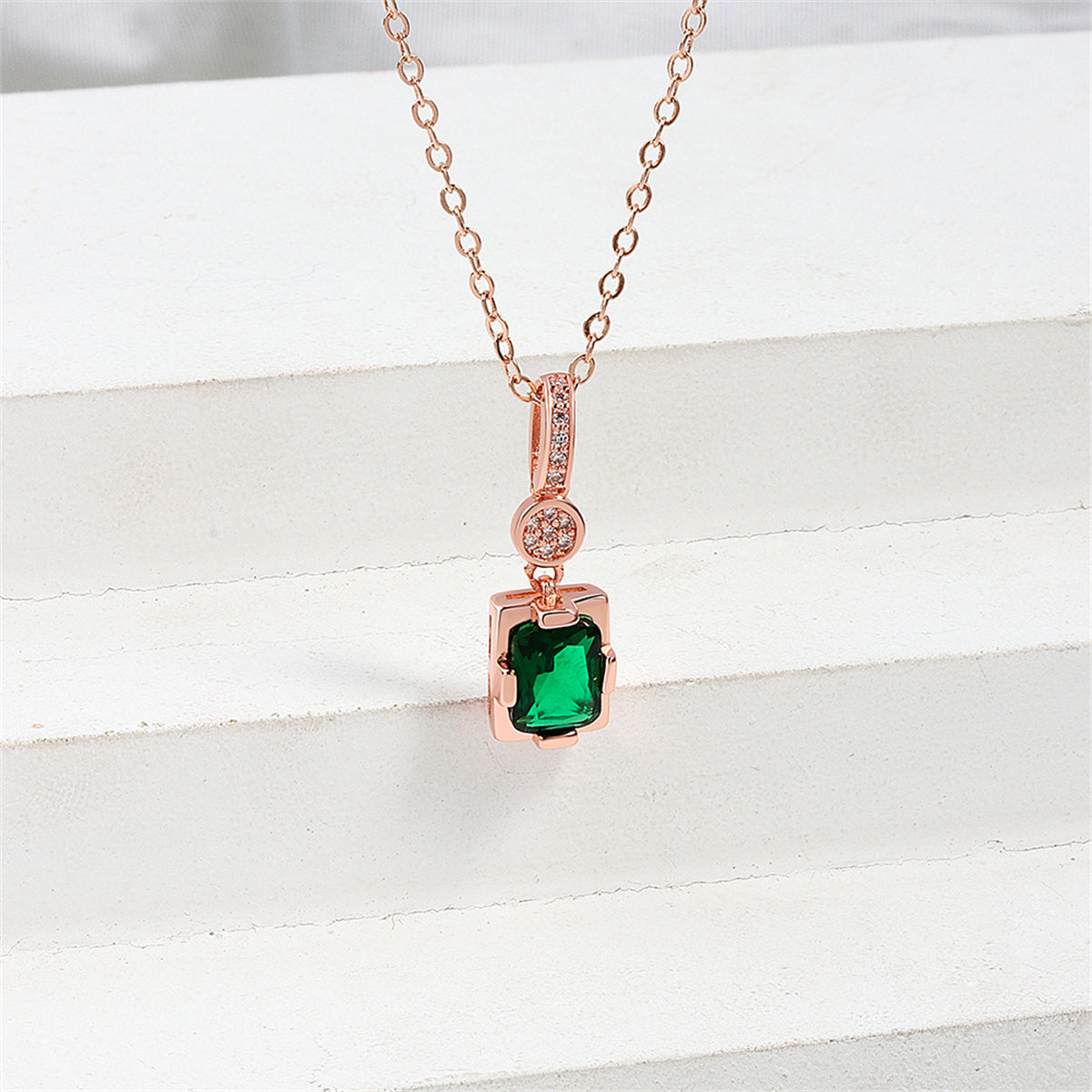 Cubic Zirconia and Green Crystal 18K Rose Gold-Plated Rectangle Pendant Necklace, rose gold pendant..., lifestyle look