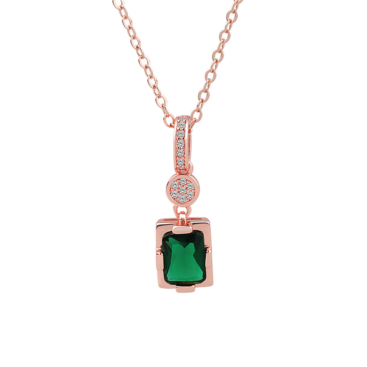Cubic Zirconia and Green Crystal 18K Rose Gold-Plated Rectangle Pendant Necklace, rose gold pendant necklace..., front view