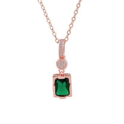 Cubic Zirconia and Green Crystal 18K Rose Gold-Plated Rectangle Pendant Necklace, rose gold pendant necklace..., front view