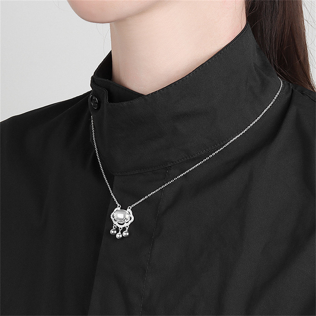 Cubic Zirconia and Quartz Silver-Plated Lock Of Longevity Pendant Necklace, silver pendant necklace for women, side view