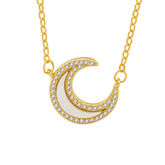Shell and Cubic Zirconia 18K Gold-Plated Moon Pendant Necklace, gold pendant necklace for women, front view