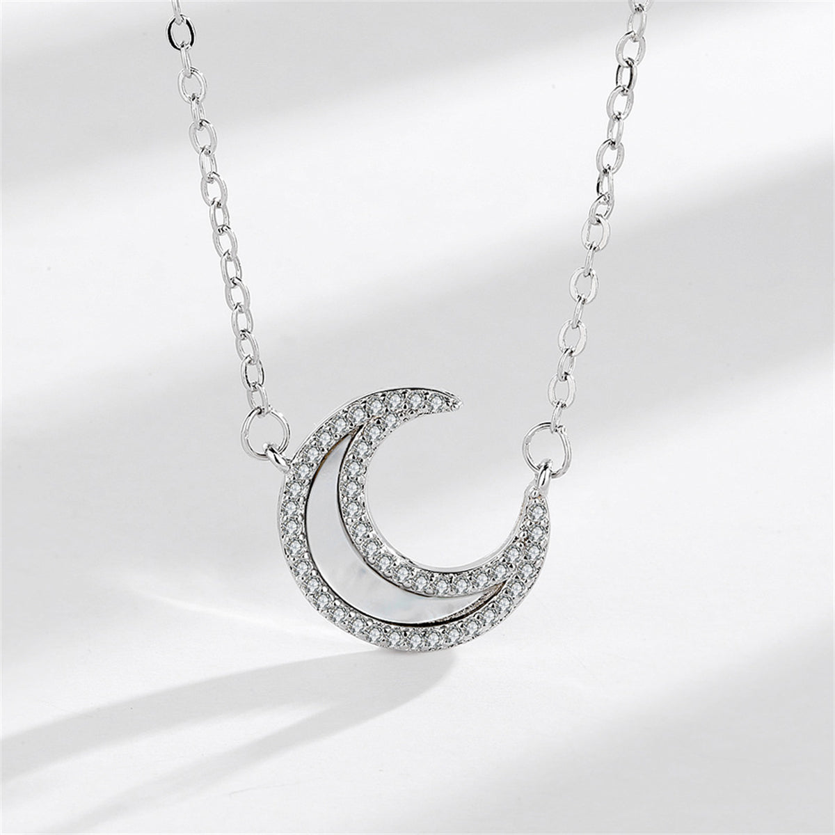 Shell and Cubic Zirconia Silver-Plated Moon Pendant Necklace, silver pendant necklace for women, front view