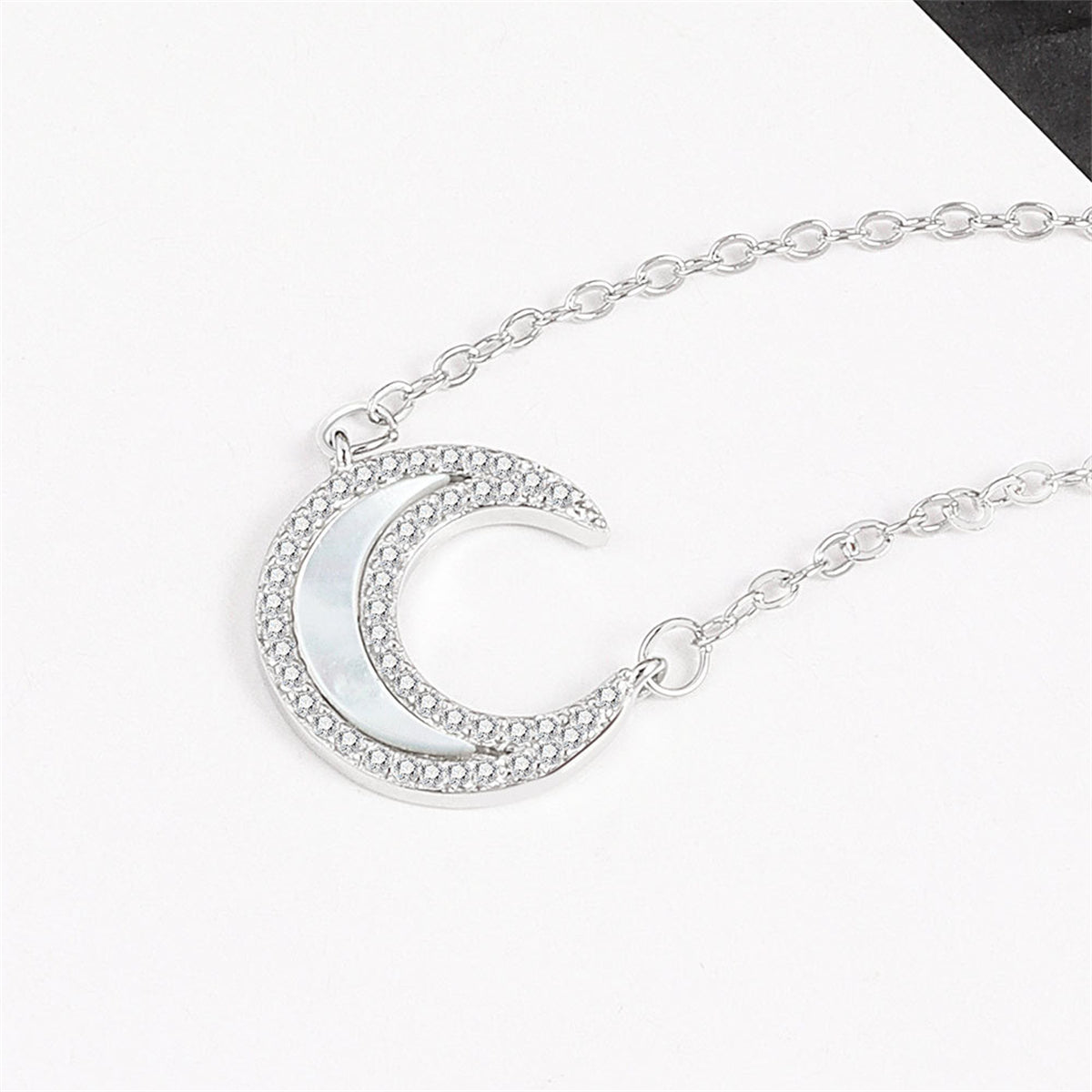 Shell and Cubic Zirconia Silver-Plated Moon Pendant Necklace, silver pendant necklace for women, side view