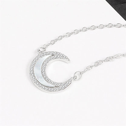 Shell and Cubic Zirconia Silver-Plated Moon Pendant Necklace, silver pendant necklace for women, side view