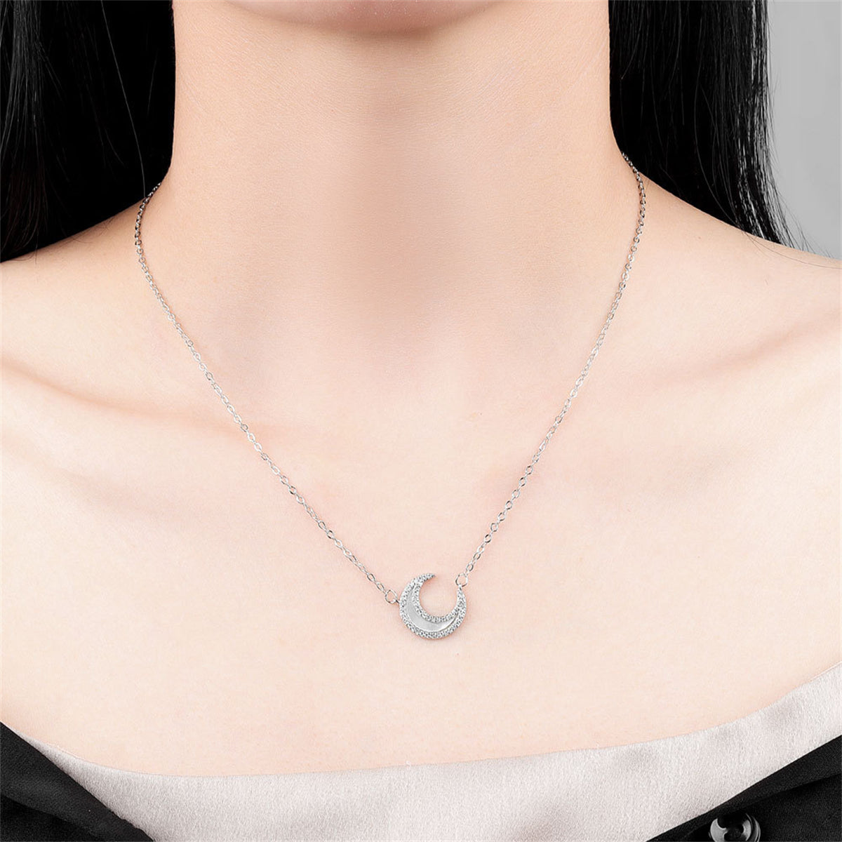 Shell and Cubic Zirconia Silver-Plated Moon Pendant Necklace, silver pendant necklace for women, detail close-up
